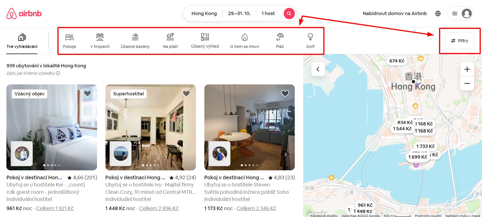 filtrování na airbnb