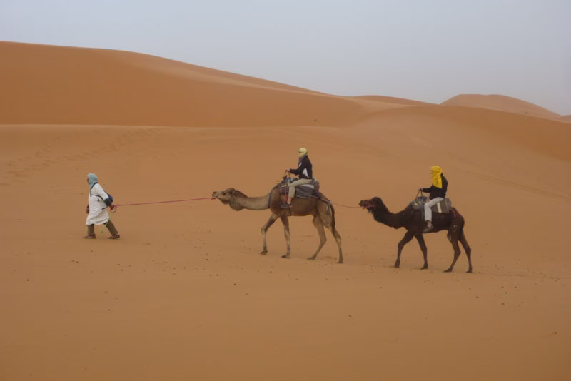 Jízda na velbloudu v poušti u Merzougy v Maroku