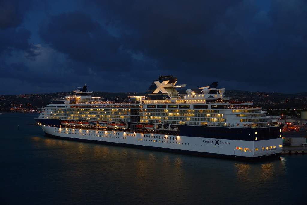 Velká zaoceánská loď Celebrity Cruises osvětlená v noci v přístavu. Ilustrace pro článek o práci a cestování na lodi.
