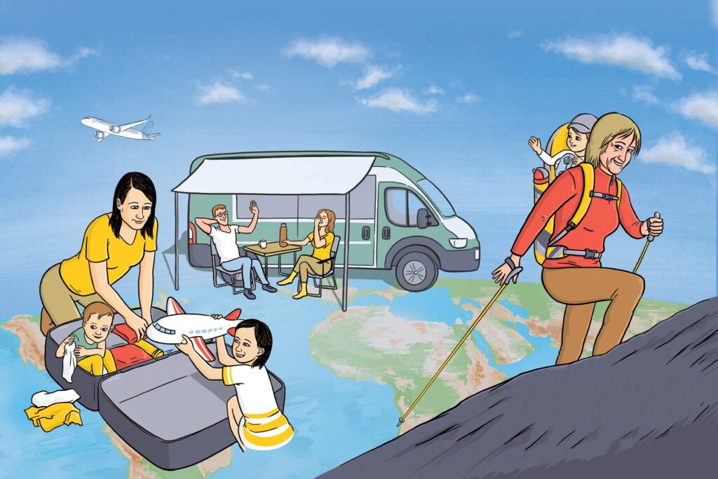 Ilustrace cestování: rodina balí kufr, pár relaxuje u karavanu, žena s dítětem na zádech turistika po světové mapě. Symbol tipů pro cesty.