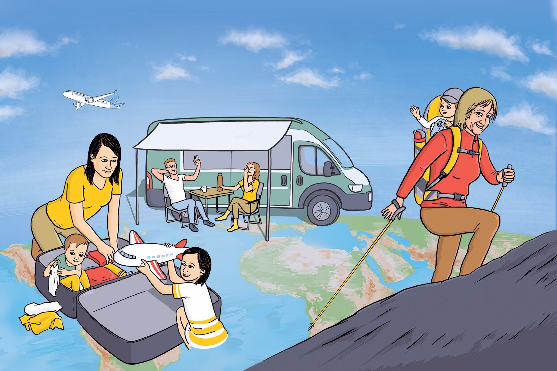 Ilustrace cestování: rodina balí kufr, pár relaxuje u karavanu, žena s dítětem na zádech turistika po světové mapě. Symbol tipů pro cesty.