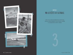 Otevřená kniha Travel Tips, strany 94 a 95, kapitola Na letišti a v letadle. Zobrazeny fotky letadla, dítěte na letišti a text s tipy.