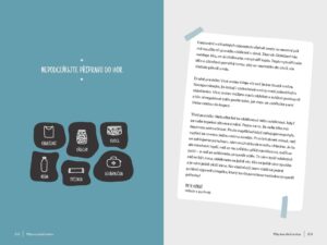 Stránky z knihy Travel Tips: infografika s vybavením do hor (oblečení, jídlo, voda, lékárnička) a text o vrstvení oblečení v zimě.