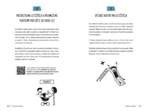 Dvě stránky z knihy Travel Tips s ilustracemi a textem o cestování s dětmi: prioritní odbavení na letišti, pravidla pro tekutiny a dětské koutky.