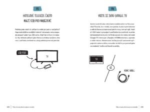 Ilustrace dvou cestovatelských tipů z knihy Travel Tips: nabíjení elektroniky přes USB v hotelové TV a streamování zábavy s Google TV.