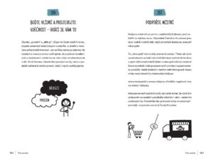 Ukázka stránek z knihy Travel Tips s radami o vlídnosti, vděčnosti a podpoře místních na cestách, včetně ilustrací.