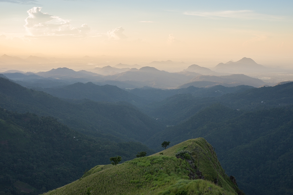 Panoramatický výhled z Little Adam's Peak v Elle na Srí Lance. Zelené kopce a údolí v mlhavém oparu při východu či západu slunce.