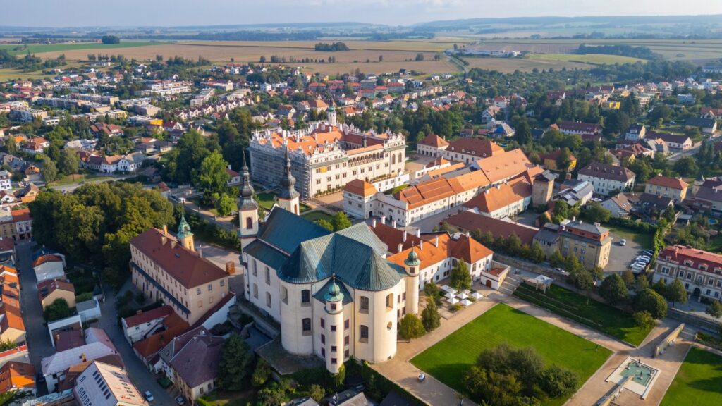 Letecký pohled na historické centrum Litomyšle se zámkem a piaristickým kostelem