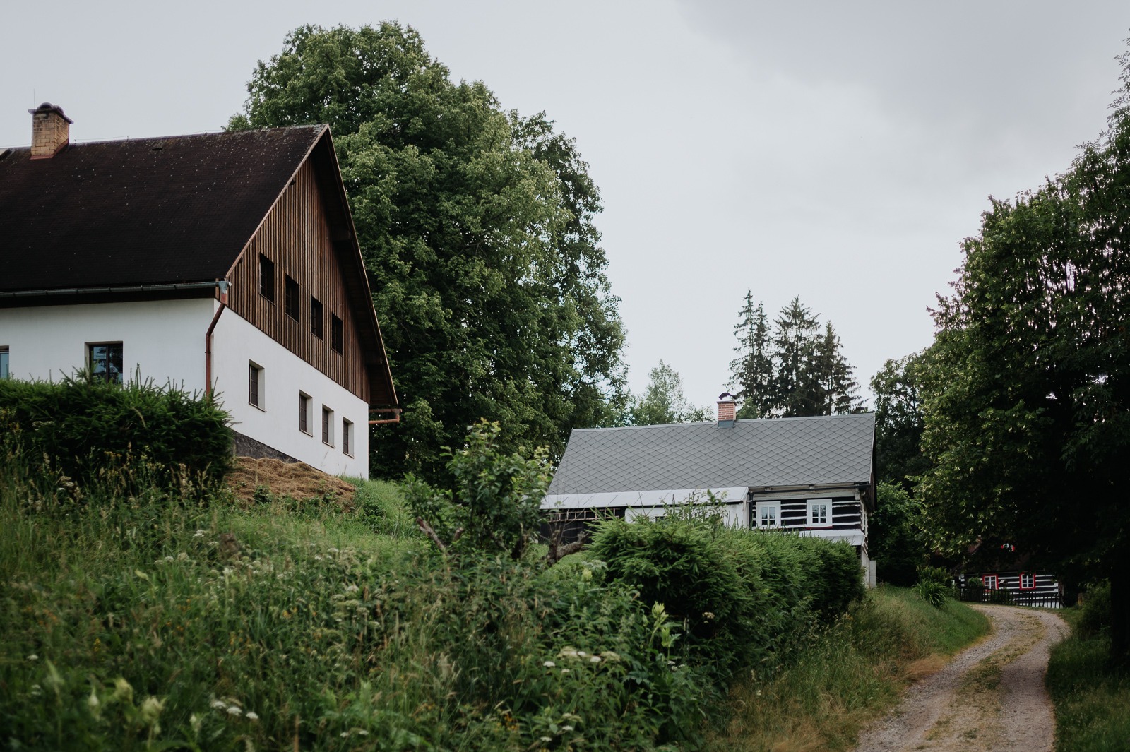 Roubená chalupa s bílým štítem a upravené stavení u polní cesty v Neratově