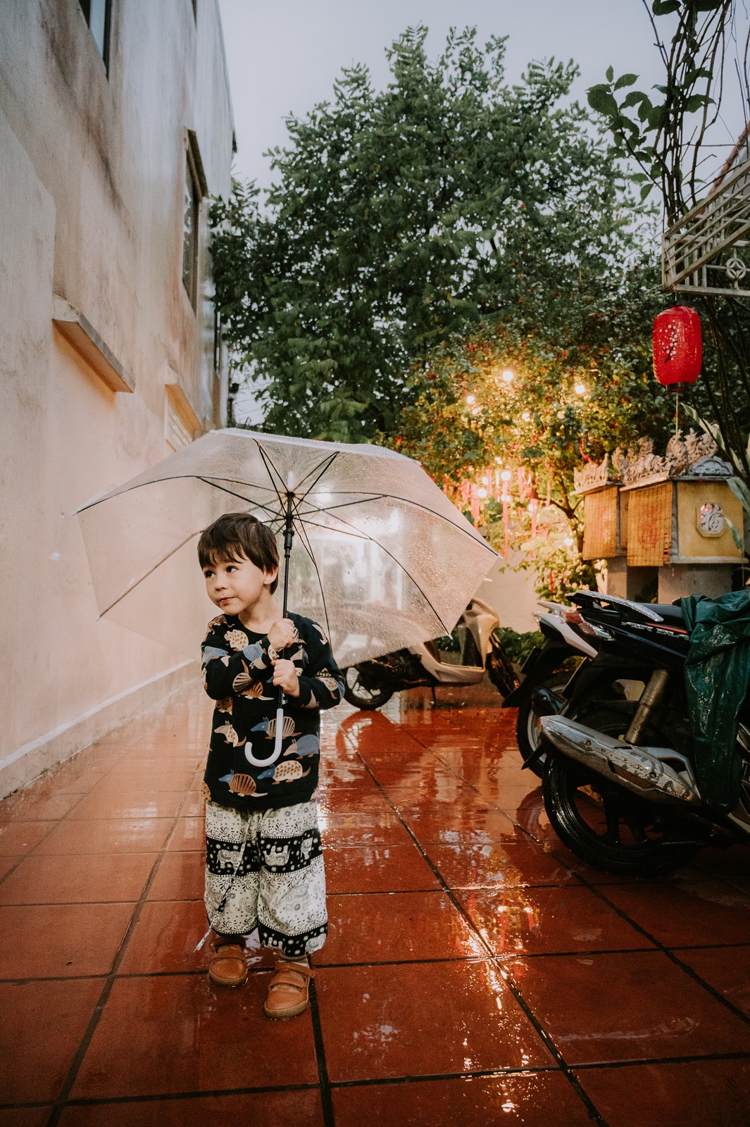 Malý chlapec s průhledným deštníkem v dešti pod lucernami ve středním Vietnamu