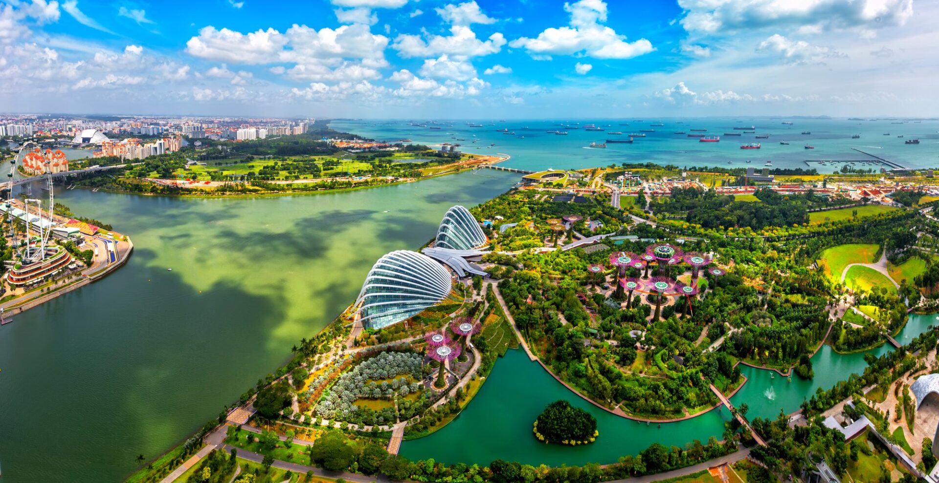 Letecký pohled na Supertree Grove a skleníky Gardens by the Bay