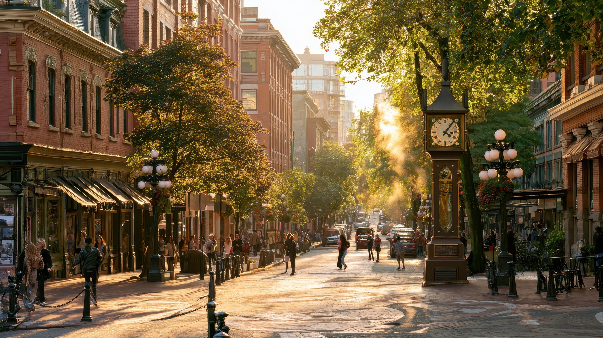 Parní hodiny a historické domy na Water Street v Gastownu ve Vancouveru